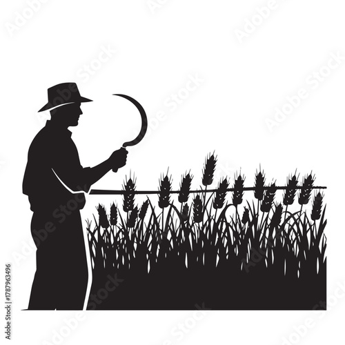 Silhouette of Farmer Cutting Wheat with Sickle – Traditional Agricultural Scene in Field