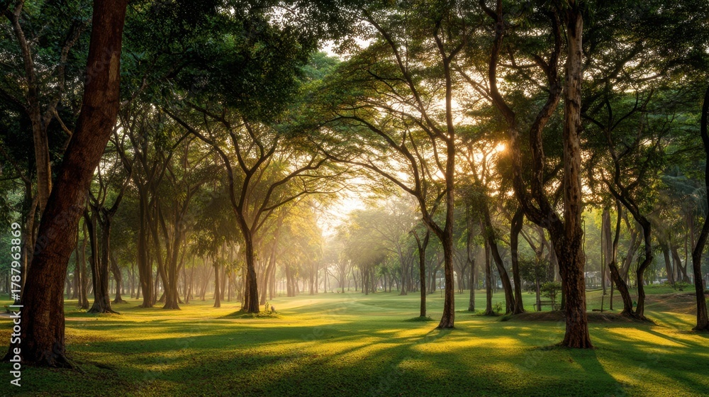 Naklejka premium Serene Morning at Golf Course Surrounded by Majestic Trees with Sunlight Filtering Through Leaves Creating a Peaceful Atmosphere