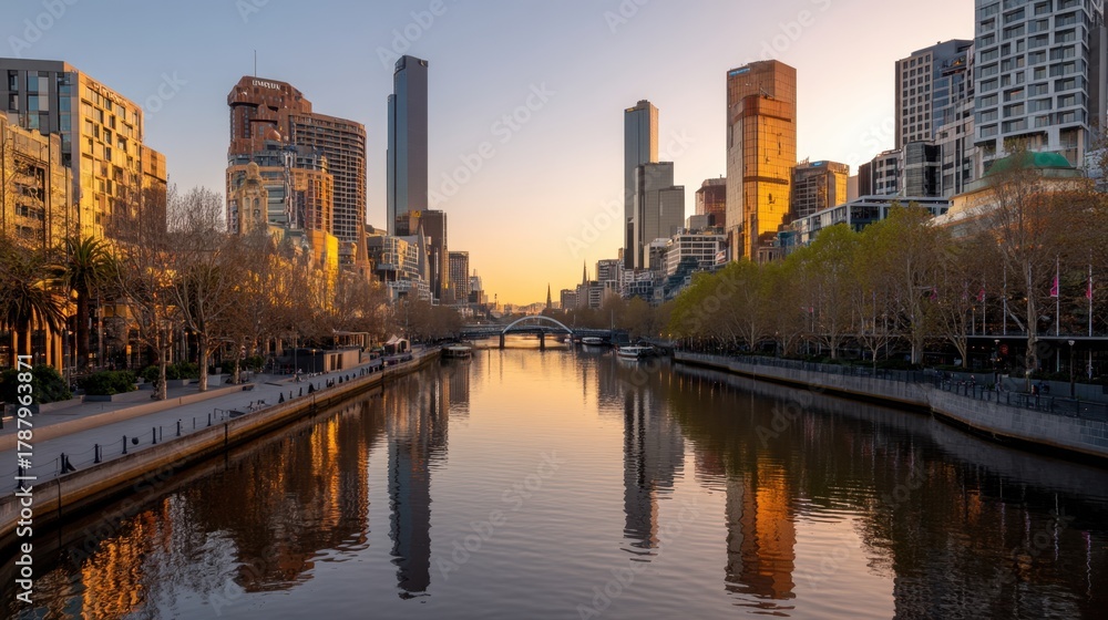 Obraz premium Serene Urban Landscape at Dawn with Calm River Reflecting City Buildings and Warm Golden Light in Melbourne, Australia
