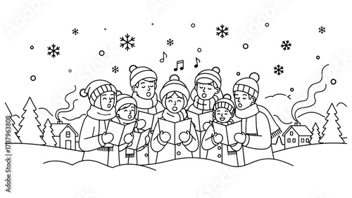 Group of carolers singing Christmas songs in winter.