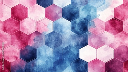 Abstract watercolor background featuring a seamless, tessellated hexagonal pattern. The color palette ranges from pink to blue, creating a vibrant, textured, and dynamic water-color effect design.