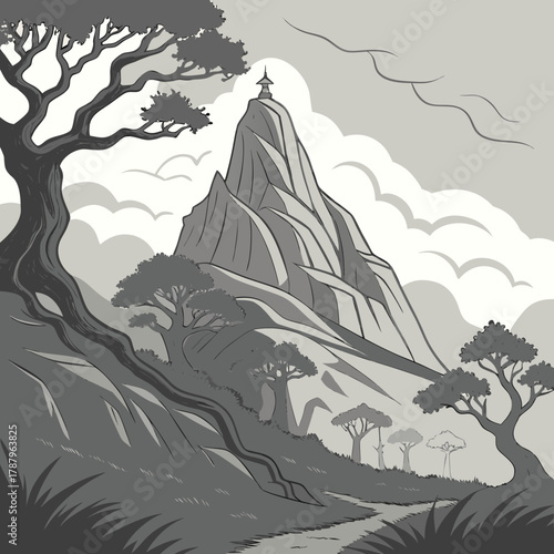 Mountain landscape with a pagoda on top, trees and a winding path in grayscale