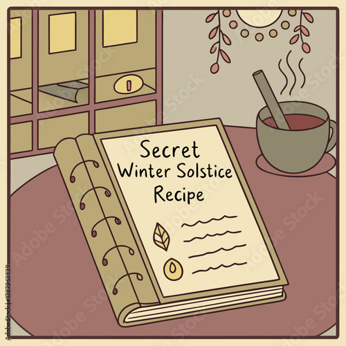 Secret winter solstice recipe book on a table with a cup of tea