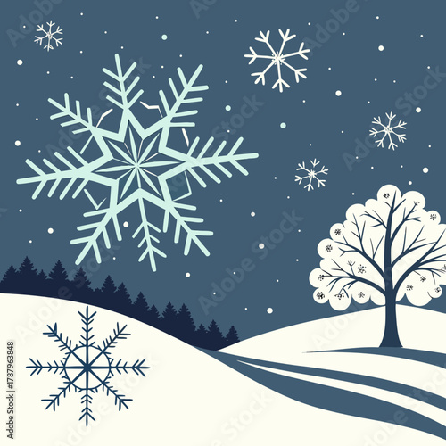 Snowflakes falling on a winter landscape with a tree and snowcovered hills against a blue background