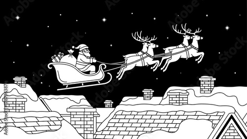 Santa Claus flying in his sleigh pulled by reindeer.