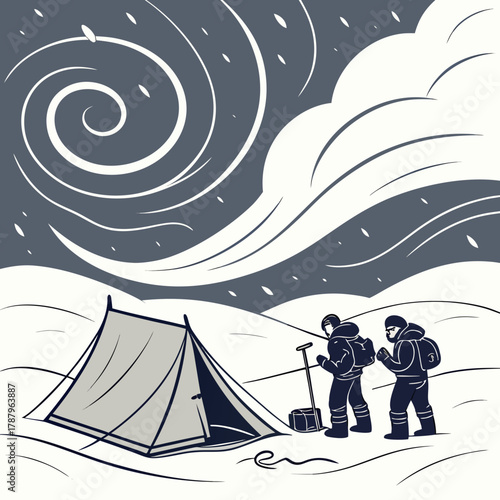 Two explorers set up camp in a snowy landscape with a swirling sky