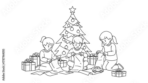 Children unwrapping Christmas gifts under a decorated tree.