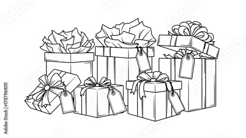 Hand-drawn sketch of a collection of beautifully wrapped gift boxes with bows and tags.