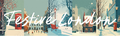 Festive London winter cityscape with Big Ben, snowy streets, red telephone box