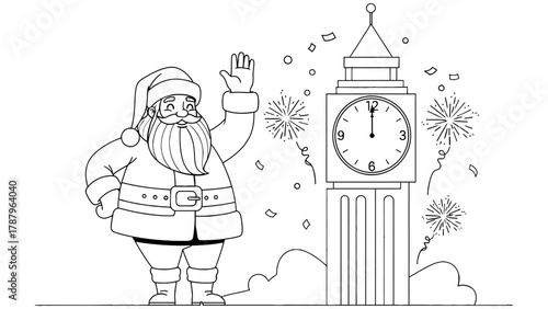 Santa Claus waving next to Big Ben clock tower during New Year celebration.
