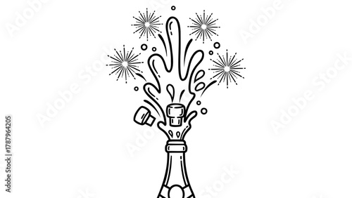 Champagne bottle popping with celebratory fireworks and splashing liquid.