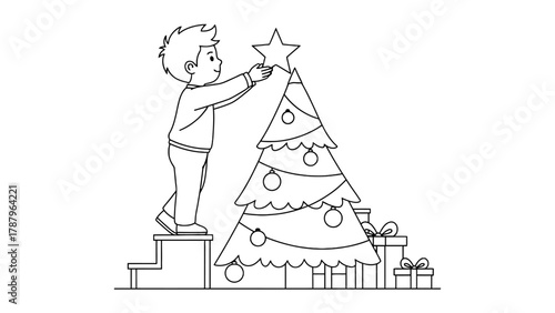 Line art coloring page of a young boy placing a star on a Christmas tree.
