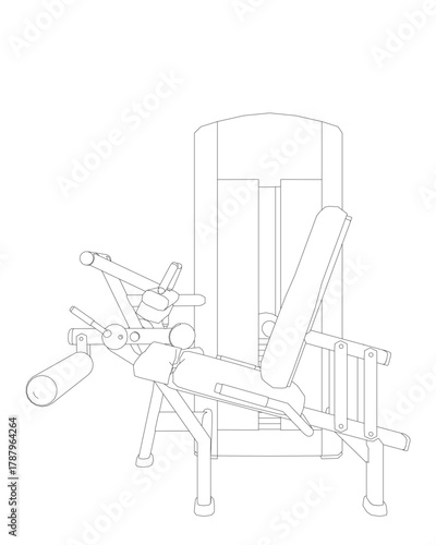 Seated leg curl trainer machine as a printable black and white coloring page. This exerciser drawing on a white background