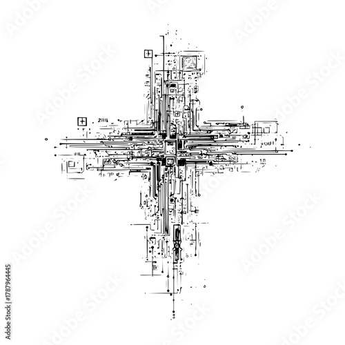 Abstract cross symbol with circuit details