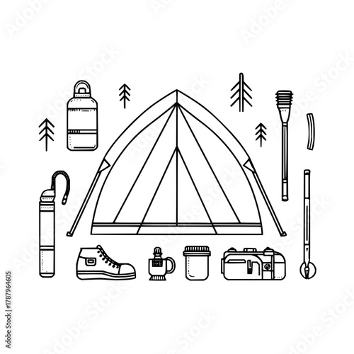 Camping equipment and tent with line art