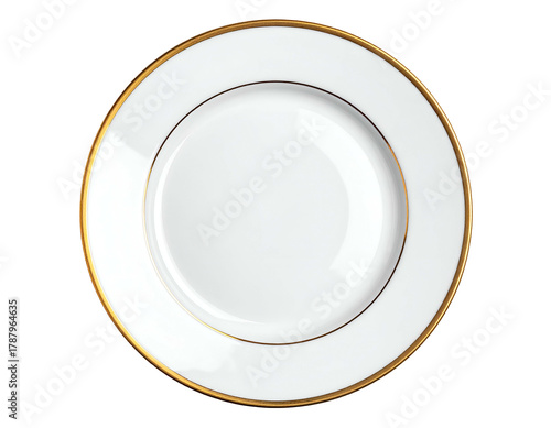 Elegant white plate with gold trim on black. Center empty, ready for food
