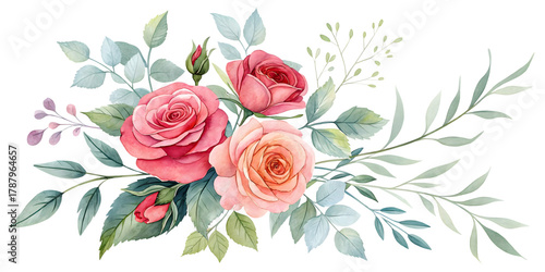 Rose floral arrangement watercolor illustration. Isolated flower PNG.