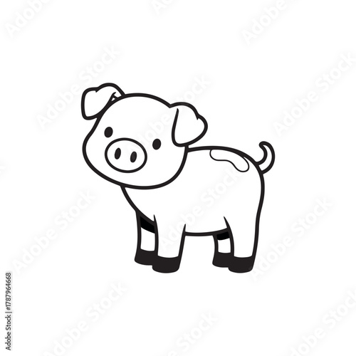 Adorable minimalist black and white outline illustration of a cute little piglet standing, perfect for children's designs and farm animal themed projects