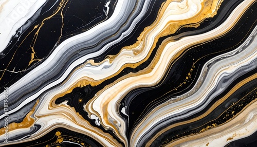 Abstract swirls of gold, black, white, and gray mimic marble or agate, with flowing lines