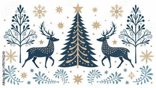 Stylized christmas scene with reindeer christmas tree snowflakes stars and decorative foliage elements silhouette
