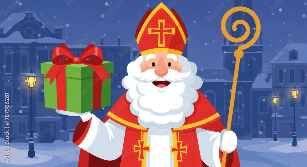 Obraz premium Sinterklaas with gift box, Dutch Saint Nicholas day in Netherlands. Festive winter holland city on background Celebration concept for children european party in Saint Nicolas day five december.