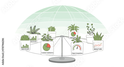 Greenhouse with plants and data charts representing agricultural technology and research, Generative AI.