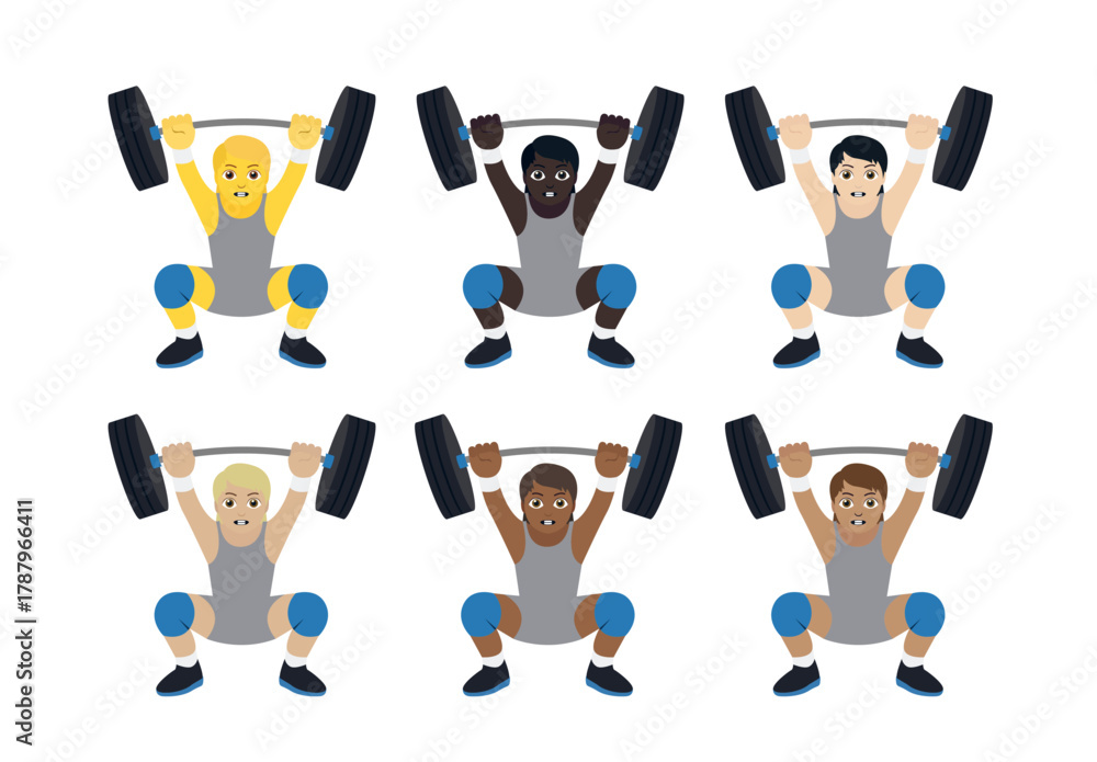 Fototapeta premium A person lifting a barbell loaded with weights above their head gym non-binary emoji symbol sign icon vector illustration isolated flat strong