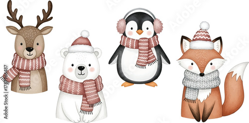 Playful Watercolor Animal Sticker Pack, Cute Reindeer, Penguin, and Polar Bear Winter Vector Illustrations in Pastel Palette