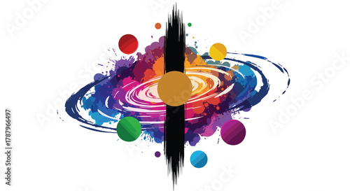 Vibrant Galaxy with Planets and Black Hole Illustration, Generative AI.