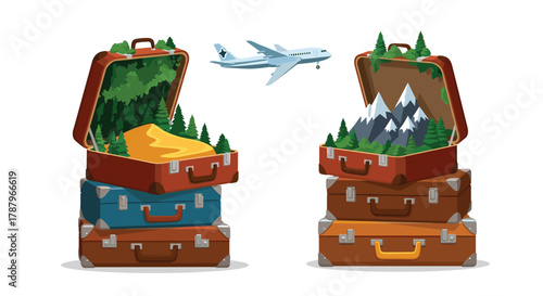Creative Travel Suitcases Filled with Nature Scenes and Airplane, Generative AI.