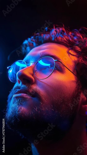 Man looking up wearing round glasses with neon light reflections on face. Vertical video.