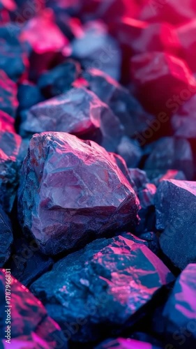 Rough stones piled with vibrant neon pink and blue light illuminating textures creating a dramatic scene. Vertical video.
