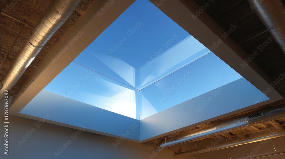 Obraz premium Skylight in a room with a high ceiling. the ceiling is made up of two triangular panels, one in the center and one on either side.