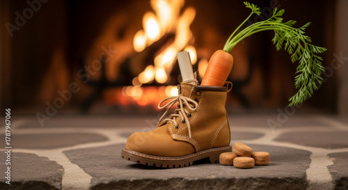 Childrens shoe and pepernoten for Sinterklaas and carrot for horse treat stands in front of hot fireplace. Celebration concept for children party in Saint Nicolas day five december.