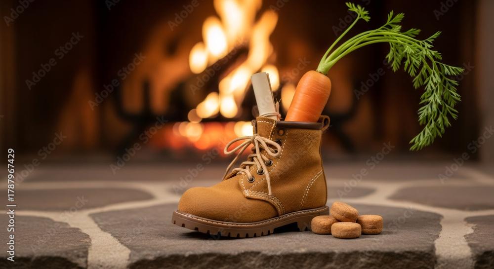Obraz premium Childrens shoe and pepernoten for Sinterklaas and carrot for horse treat stands in front of hot fireplace. Celebration concept for children party in Saint Nicolas day five december.