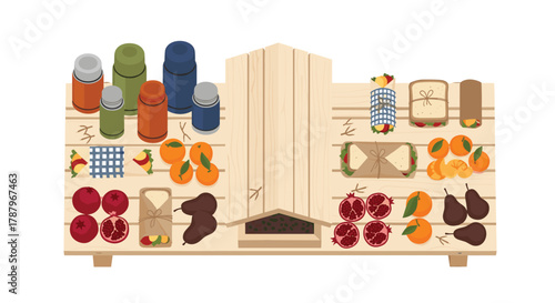 A charming wooden market stall displaying a colorful assortment of fresh produce and artisanal goods, Generative AI.