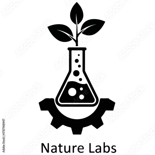 Plant growing from scientific laboratory flask icon, industrial gear base, nature, science, technology, research, innovation