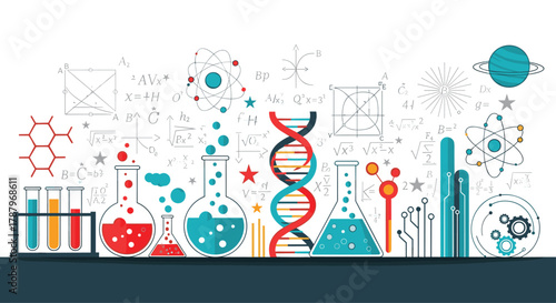 Science and Research Laboratory Equipment and DNA Illustration, Generative AI.