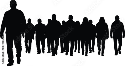 Crowd of people walking forward black silhouettes vector illustration on white background