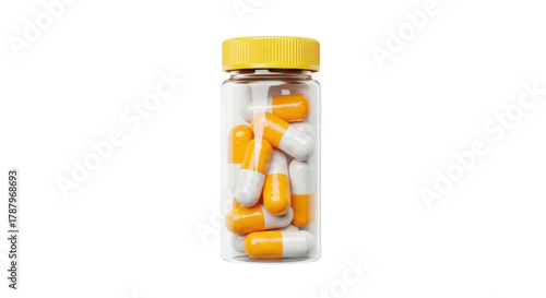 Isolated plastic bottle filled with orange and white prescription medicine capsules or pills