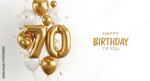 Happy 70th birthday celebration with gold balloons and confetti
