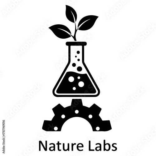 Plant thriving in conical flask atop an industrial gear, symbolizing natural science and technology