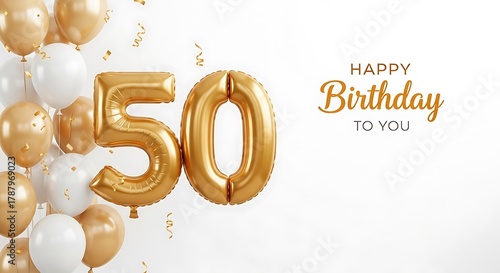 Golden number 50 balloons and confetti, happy birthday to you