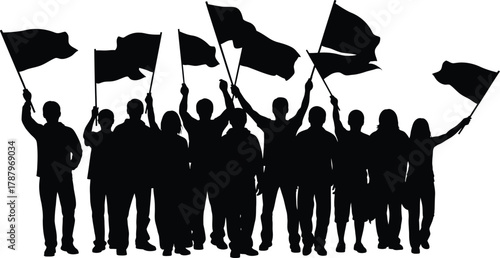 Crowd Silhouette Holding Flags Vector Illustration of Protest and Unity