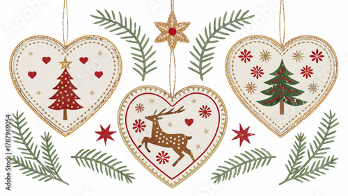 Three heart shaped christmas ornaments with trees and a reindeer, plus a star and fir branches around silhouette