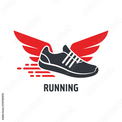 Running shoe with red wings and speed lines, athletic design, dynamic motion, fast pace illustration