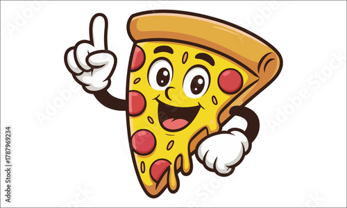 Cartoon slice of pepperoni pizza character with a happy face and raised finger vector illustration