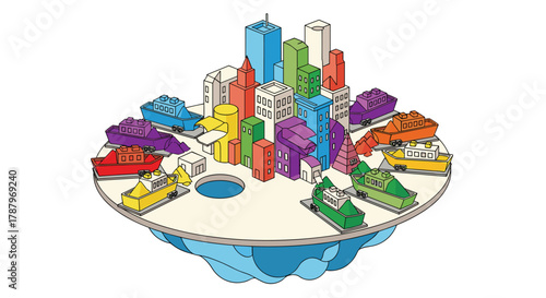 Stylized Isometric Cityscape with Colorful Toy Cars and Buildings, Generative AI.