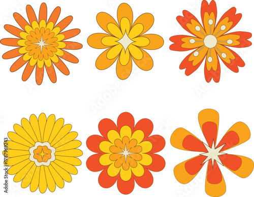 Retro 70s flowers with atomic stars icons collection set in orange, red and mustard yellow . For stickers, apparel, clip art and scrapbooking