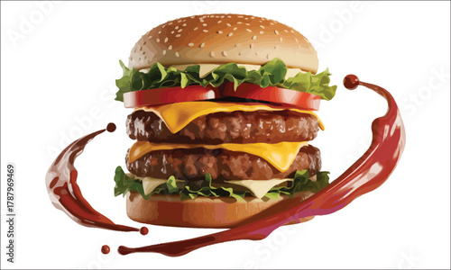 Double Cheeseburger with Lettuce Tomato and Sauce Swirls on White Background double burger beef
